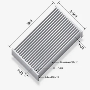 Rejilla 60-18-R para sumidero de alta resistencia, disponible con marco simple o doble y terminación anticorrosiva o galvanizada.